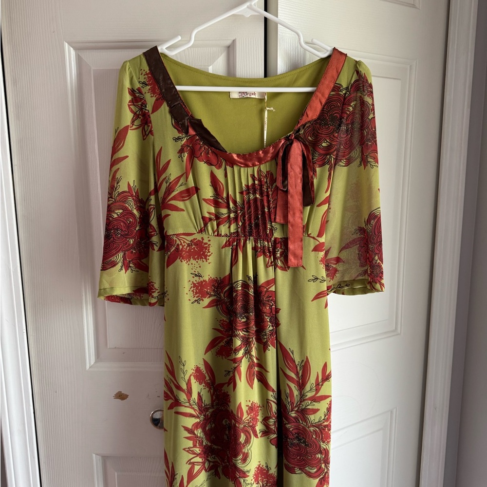 Aryeh Moss Green and Burnt Red Sundress with Flutter Sleeves and Scoop Neck